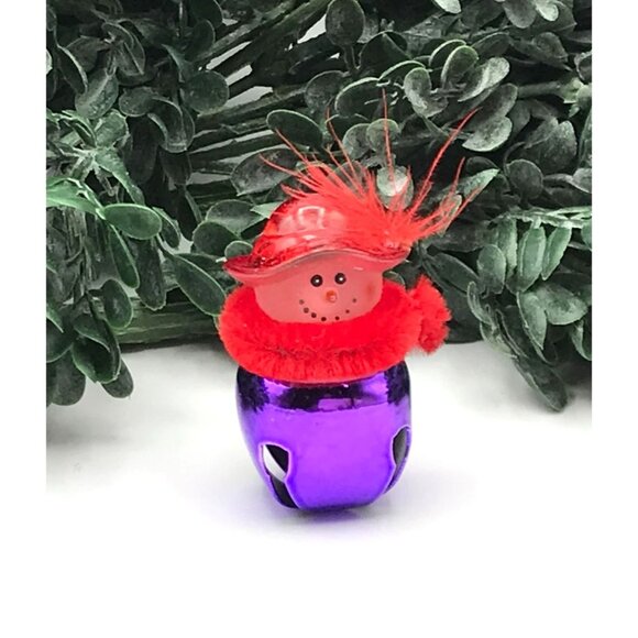 Vintage Snowman Brooch/tac pin  With Red Hat & Purple Bell - Picture 1 of 3
